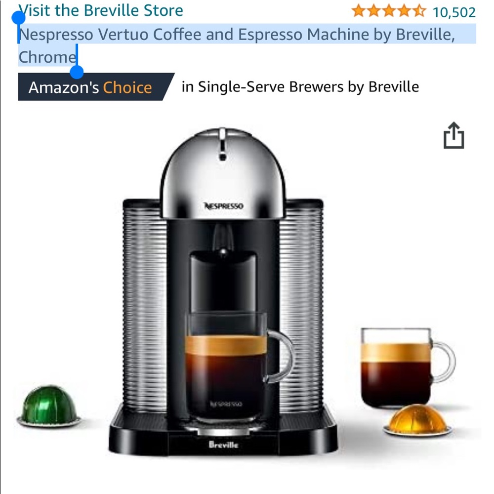 Nespresso Vertuo Coffee and Espresso Machine by Breville, Chrome